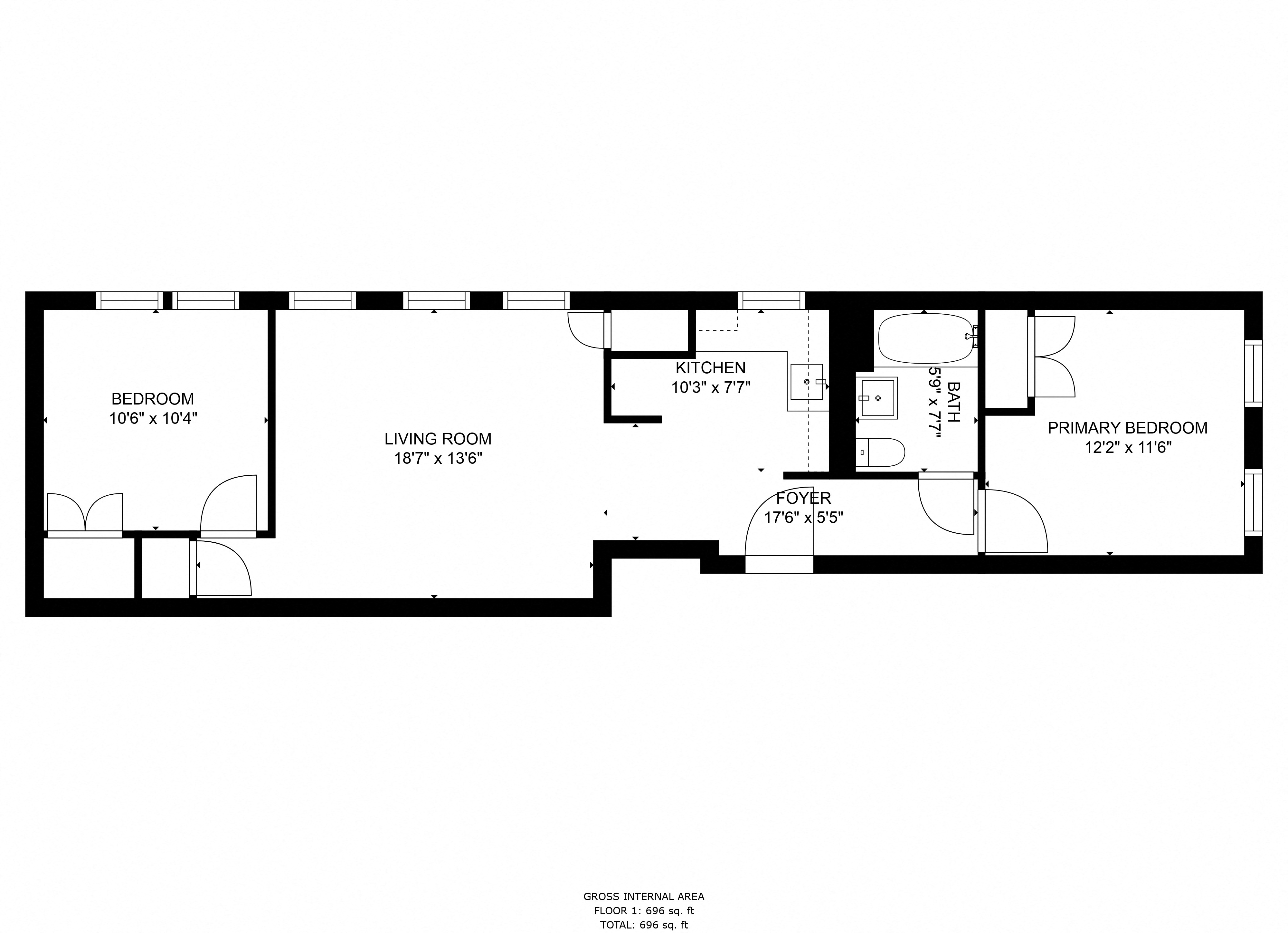 Floor plan for 2 beds, 1 bath, 758 sqft